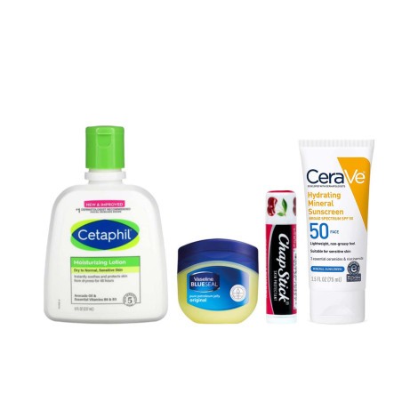Cetaphil Moisturizing Lotion 237ml & Cerave Sunscreen SPF50 75ml & Chap Stick - Classic Cherry 4g & Vaseline Petroleum Jelly Original 50ml Combo